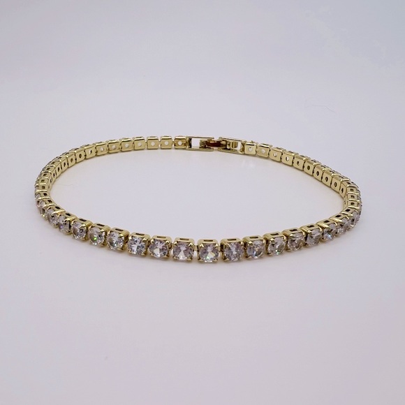 Gold Tone Diamond Simulant Tennis Bracelet - Picture 1 of 2